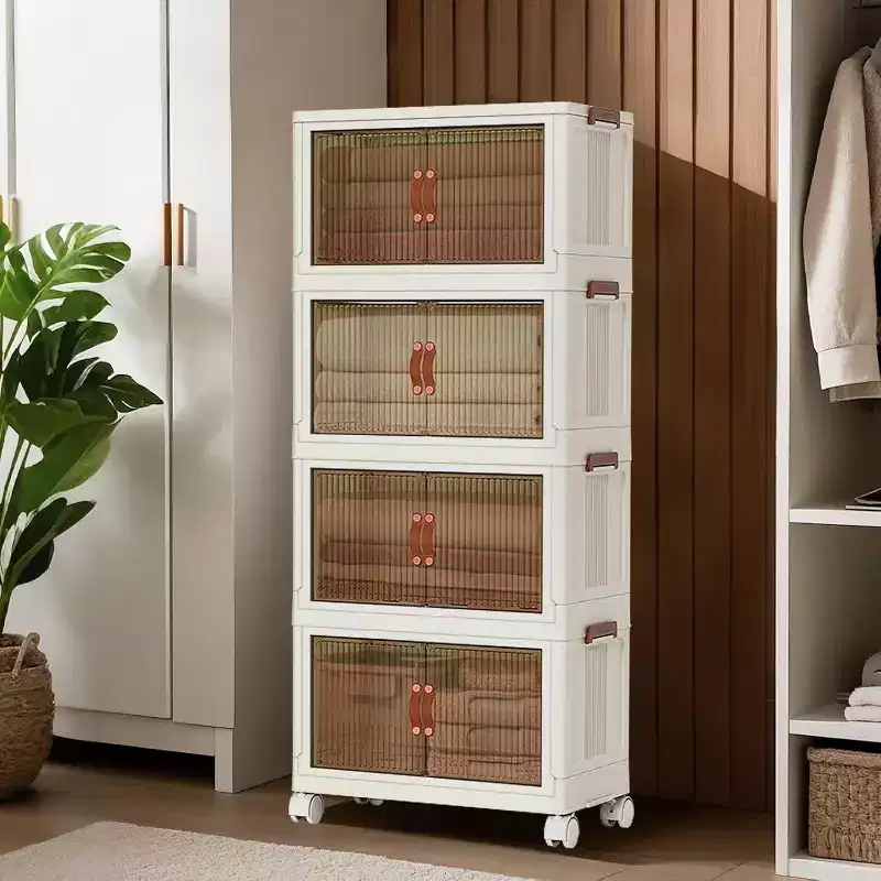 4-Tier Stackable Plastic Storage Bins with Wheels, 72QT Foldable Organizer Boxes with Translucent Doors & Magnetic Latches
