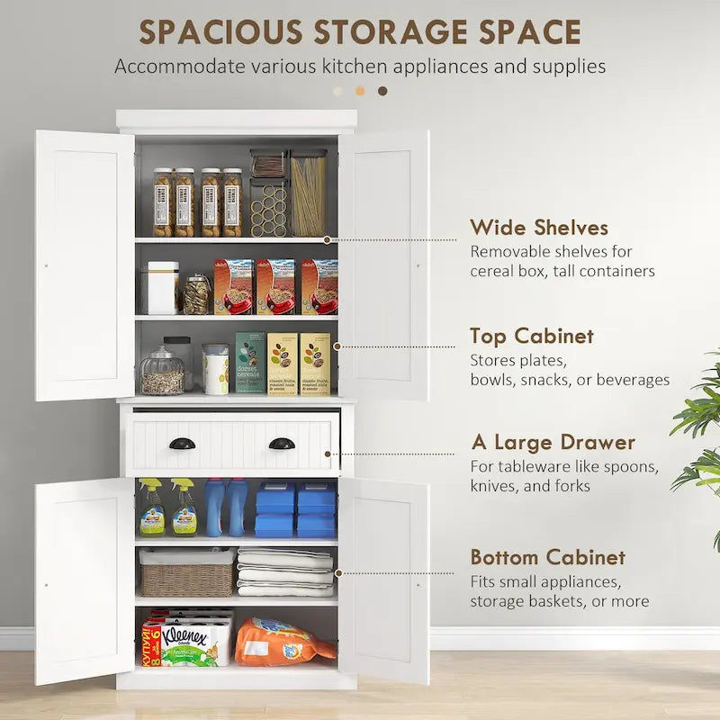 72 Kitchen Pantry Storage Cabinet, Traditional Freestanding Cabinet with 4 Doors and 3 Adjustable Shelves, Large Central Drawer