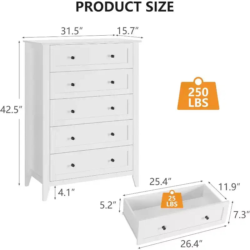 Modern 5 Drawers Dresser for Bedroom, Tall Wood Chest of Drawers for Clothes with Gold Handles & Deep Drawers, Living Room, Closet, Hallway, White