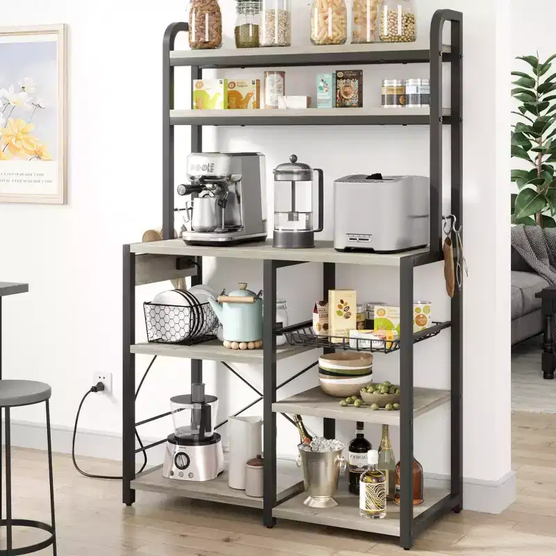 6 Tier Bakers Rack with Power OutletMicrowave Stand and Coffee Bar Table for Kitchen Storage of Spices, and Pans