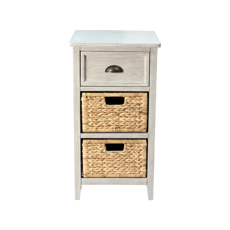 Solid Wood & Water Hyacinth 1-Drawer Grey Accent Cabinet
