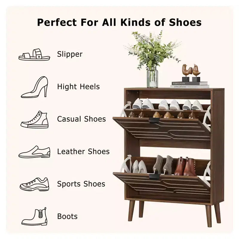 Modern Freestanding Shoe Cabinet with 2 Flip Drawers - Mid-Century Storage Rack for Entryway