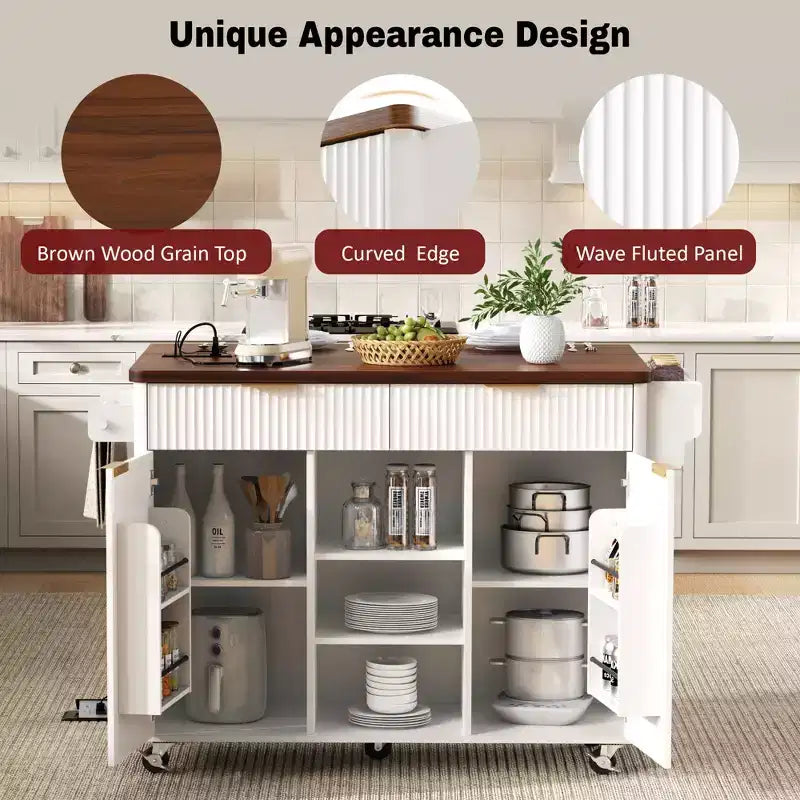 52-Inch Fluted Kitchen Island Cart with Power Outlet and Faux Marble Drop Leaf