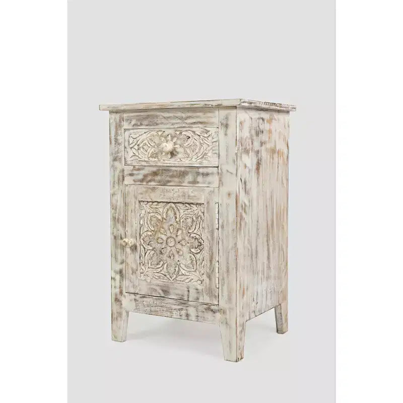 Jofran,Global Archive Hand Carved Mango Wood Accent Table- White Color