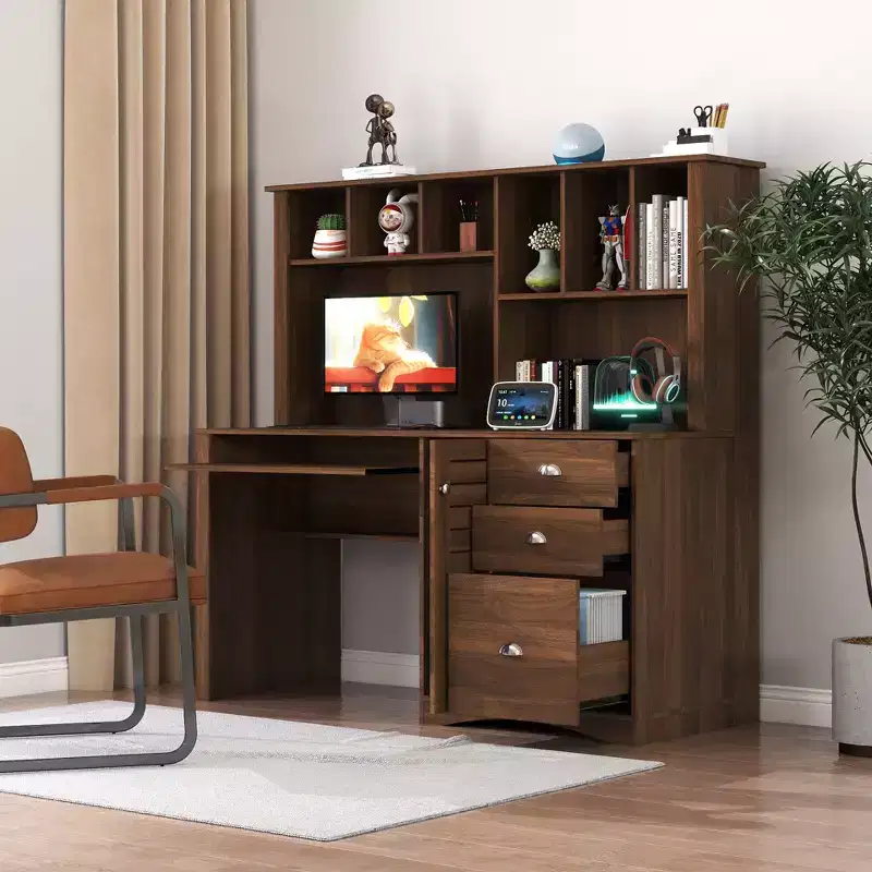 Rustic Home Office Desk with Hutch, 2-Tier Open Shelf, Farmhouse Style Writing Desk