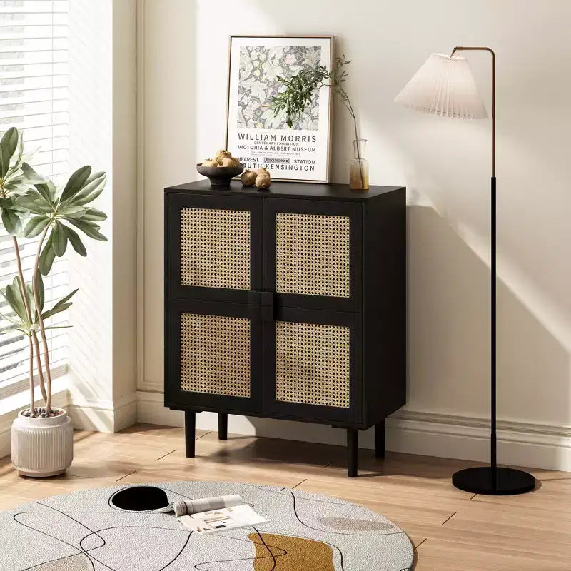 4-Door Rattan Mesh Storage Cabinet, 8-Shelf Sideboard with Diamond Handles for Entryway/Living Room Storage, Natural/Black/Gray - ModernLuxe