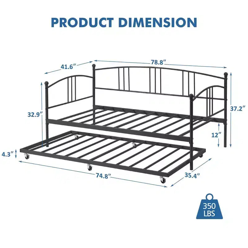 Coolmee Twin Size Metal Daybed with Trundle, Pull Out Trundle Bed Frame with Arched Headboard, Guest Sofa Bed with Steel Slat Support