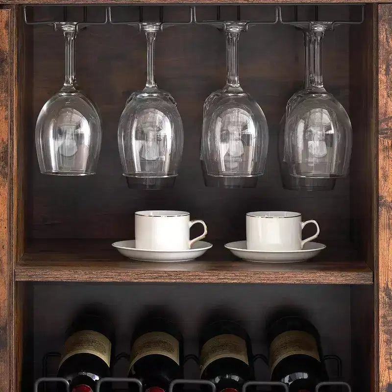 Wine Bar Cabinet with LED Light and Detachable Rack, Wine Cabinet with Mesh Door, Liquor Cabinet with Glass Holder, Coffee Bar for Liquor