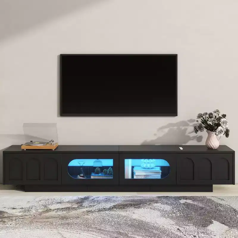 LED TV Stand with Glass Doors for 95 inch TV, Wood Media Console with Arched Cabinet Doors and APP Controlled for Living Room
