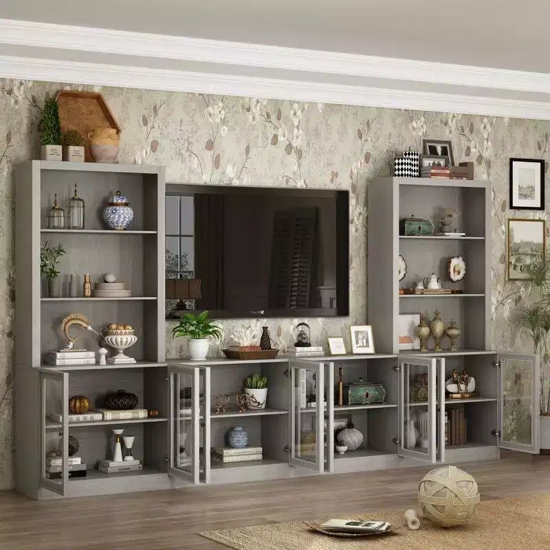Gray Modular TV Console Entertainment Center with Tempered Glass Doors, 126W