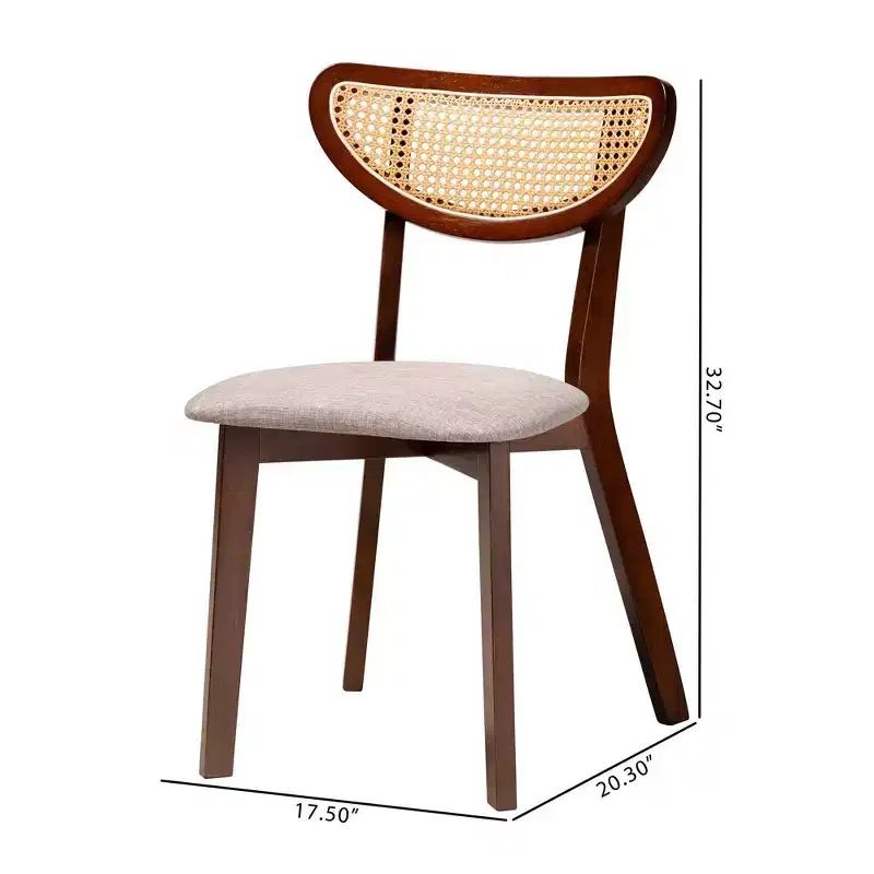 Baxton Studio 2pc Dannell Fabric and Wood Dining Chairs Gray/Walnut Brown/Light Brown: Mid-Century, Rattan Detail, Foam Cushion