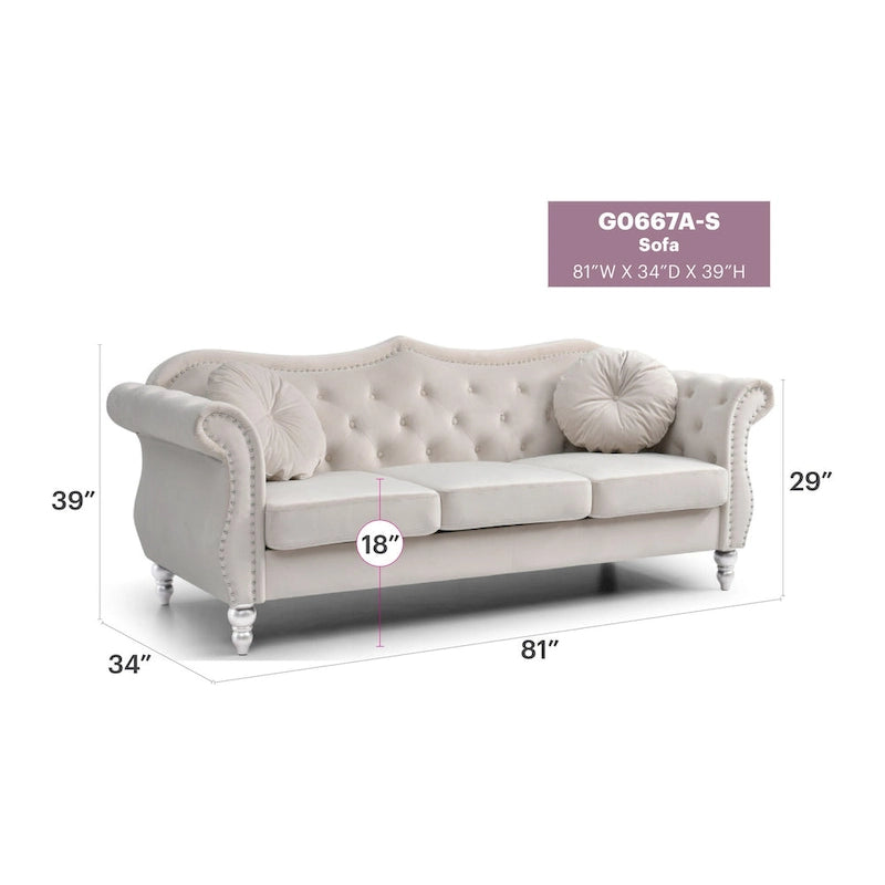 82 in. Velvet Chesterfield 3-Seater Sofa with Tufted Back and Nailhead Trim