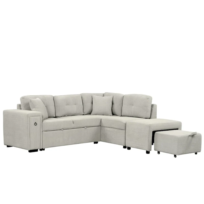 L-Shaped 4-Seat Sectional Sofa with Pull-Out Bed, Ottoman, USB Ports & Drop-Down Table