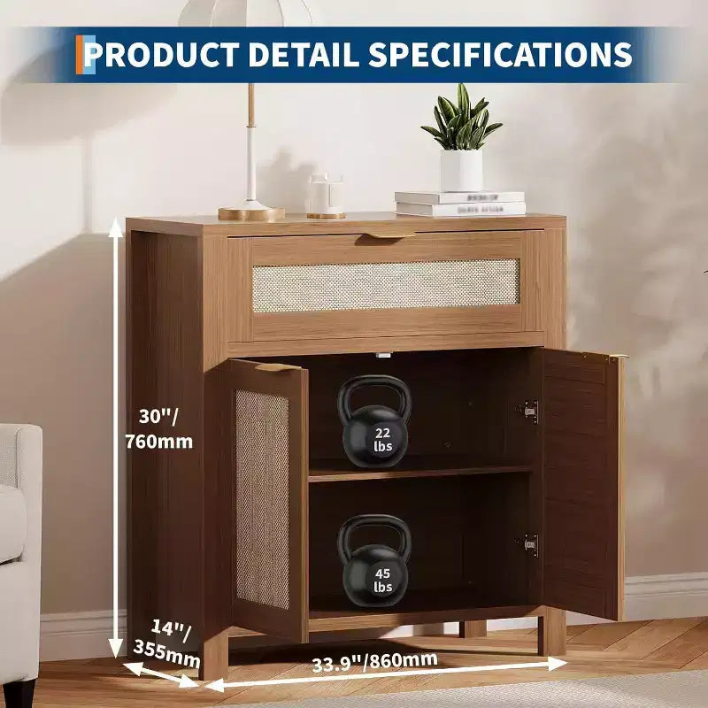 Sideboard Buffet Cabinet with Rattan Doors & Drawer  Narrow Entryway Storage Cabinet, Multi-Functional Console Table for Living Room