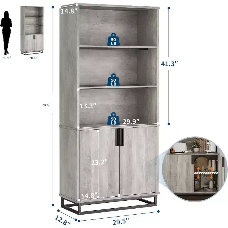 5 Tier Bookcase with Adjustable Shelves and Doors, Tall Bookshelf w/Metal Legs, Rustic Bookcase for Living Room Apartment Office
