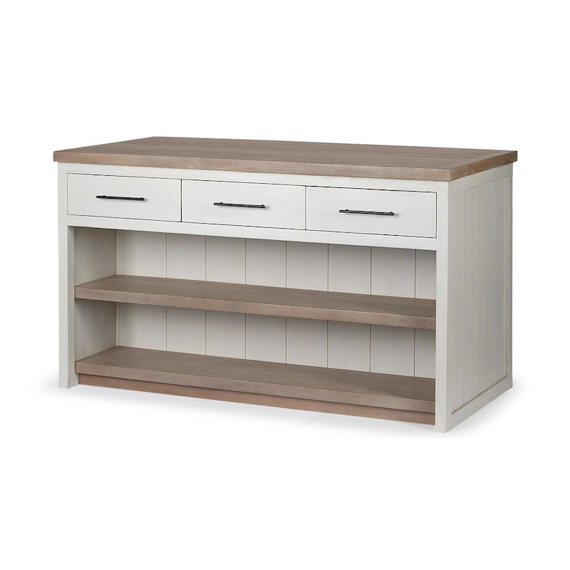 White and Brown Two-Tone Solid Wood Kitchen Island with 3 Drawers and Shelves