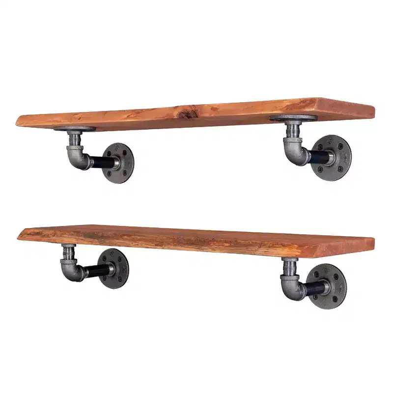 24-Inch Live Edge Cedar Wood Shelf with L-Shaped Pipe Brackets (2-Pack)