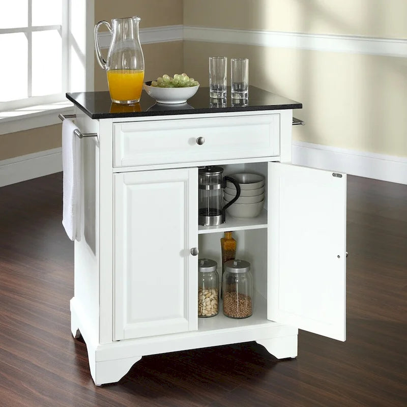 White Portable Kitchen Island with Black Granite Top Raised Panel Doors and Drawer
