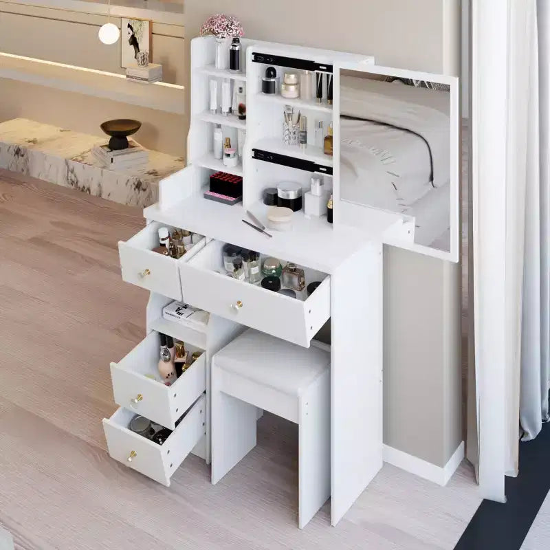 JVNOXK 29.2 Compact Vanity Dresser + Cushioned Stool, Left Drawer, Extra Large Sliding Mirror, Multi-Layer Storage for Small Space