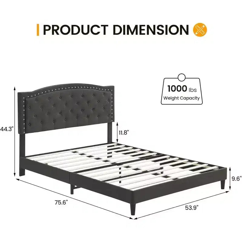 Queen Size Platform Bed Frame, Queen Upholstered Bed Frame with Adjustable Headboard, Heavy-Duty Slats Support, No Box Spring Needed, Gray
