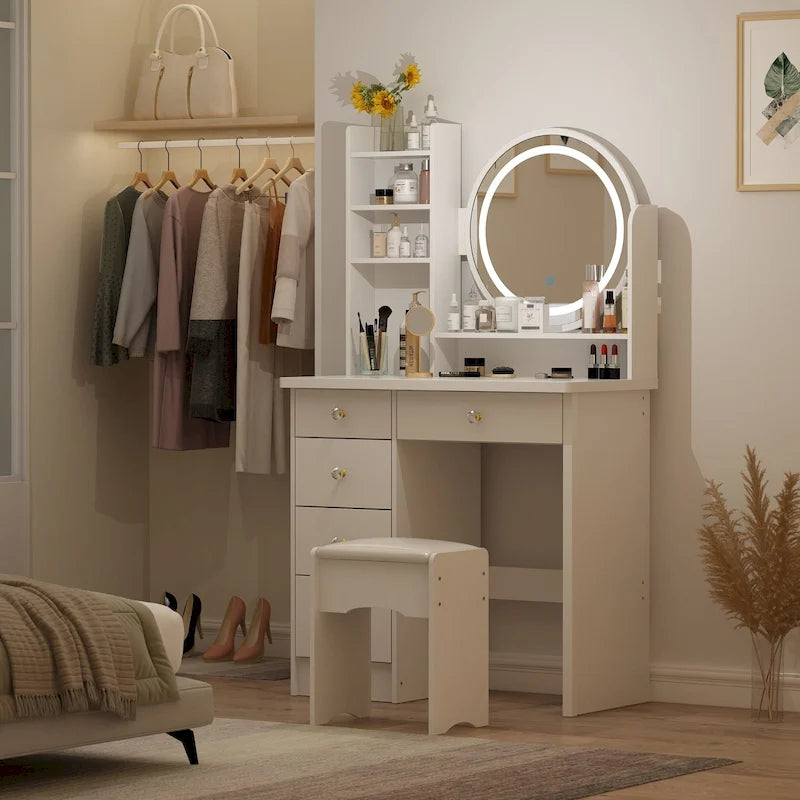 31.5 Makeup Vanity Set with LED Mirror, 3-Color Light, Padded Stool, 5 Drawers