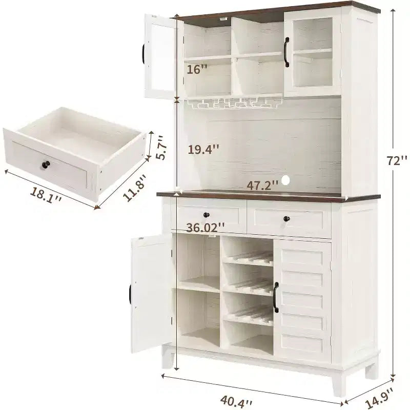 Tall Kitchen Pantry 72in, Large Kitchen Storage Canibet with Hutch and Microwave Stand,2 Drawers, Pantry Cabinet with Shelves for Home, Dining Room