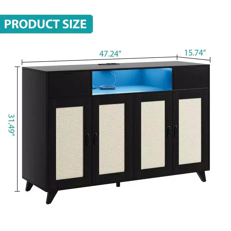 Rattan Sideboard Buffet Cabinet with 4 Doors and 2 Drawers, Console Table Coffee Bar with Power Outlet and Adjustable Shelves