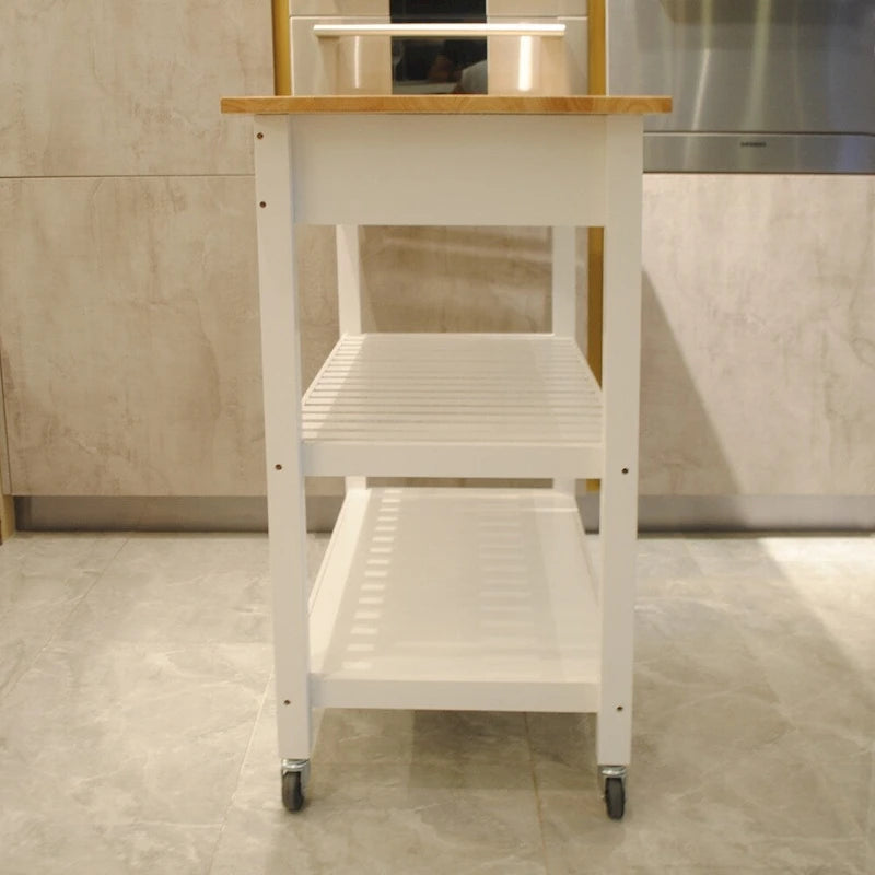Rolling Kitchen Cart with Natural Wood Top 2 Open Shelves and Towel Rack