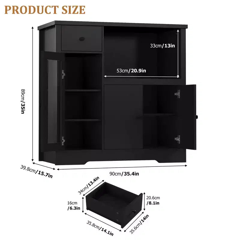 Buffet Storage Cabinet Sideboard with 3 Doors, 1 Drawer and Adjustable Shelves for Kitchen, Dining Room, Living Room and Hallway in Black
