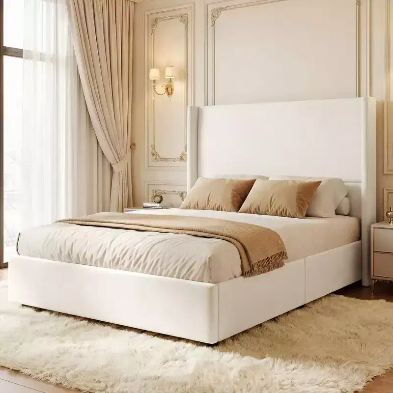 Dyonery natural linen soft bed, 55 inches in height, reinforced structure, suitable for 8-14 inch thick mattresses, no need for spring box