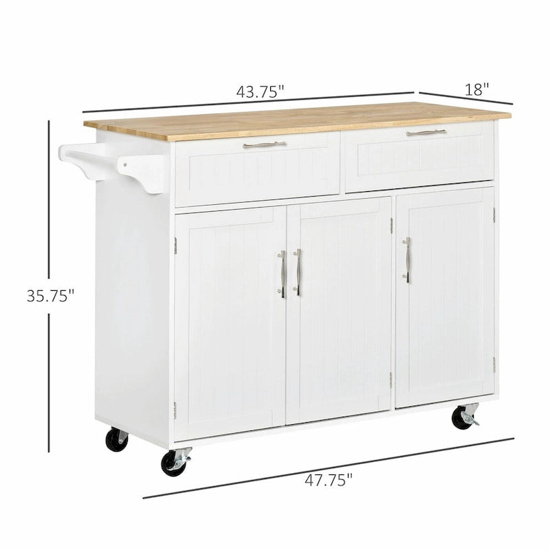 Rolling Kitchen Island Cart with Natural Wood Top 2 Drawers 3 Cabinets and Towel Rack