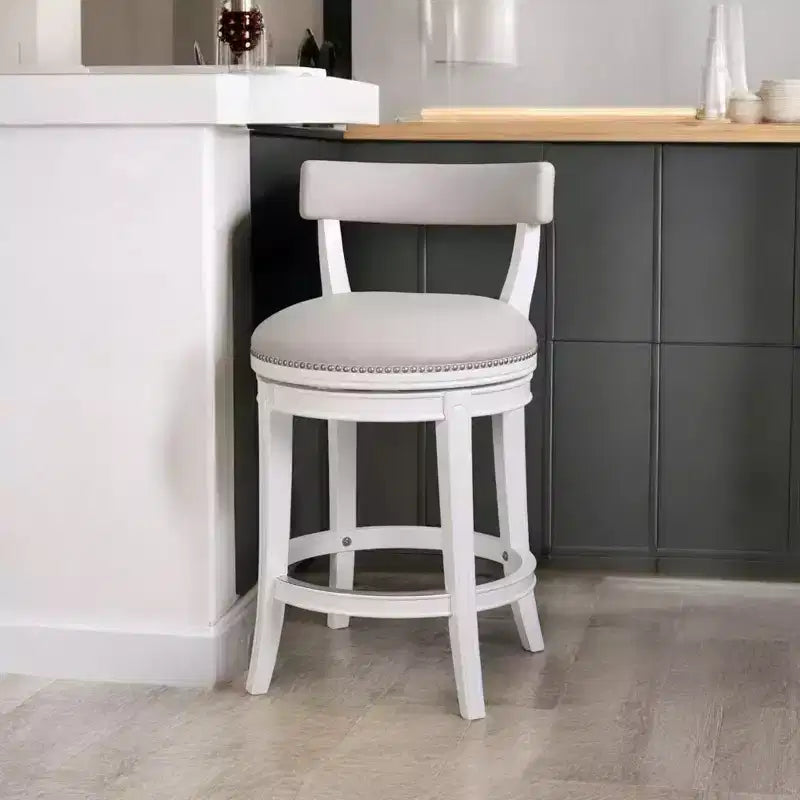 Gray and White Faux Leather and Solid Wood Low Back Counter Height Swivel Bar Chair