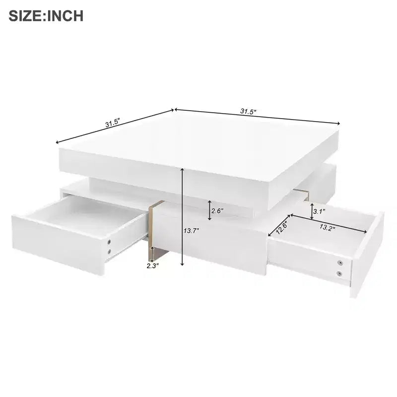 31.5 High Gloss Coffee Table with 4 Drawers, 2-Tier Center Table, 110 lbs Capacity, White