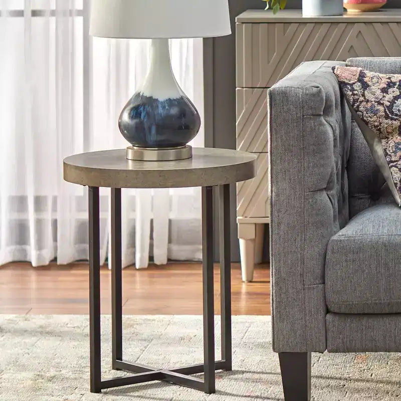Buylateral Era Round End Table Gray/Black: Industrial Style, Metal Frame, Wood Laminate Top