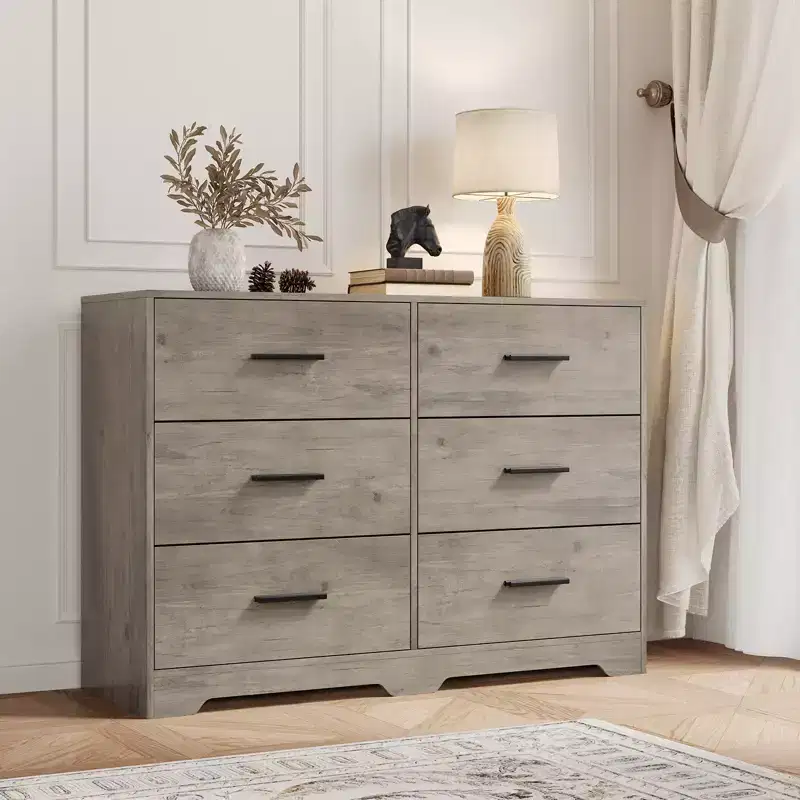 6-Drawer Wide Wood Dresser with Metal Handles – Bedroom, Entryway & Living Room Storage Cabinet