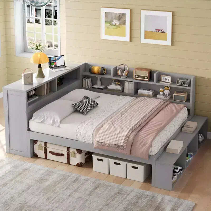 Whisen Full Daybed Frame Solid Wood Daybed with Storage Cabinets, Shoe Cabinet