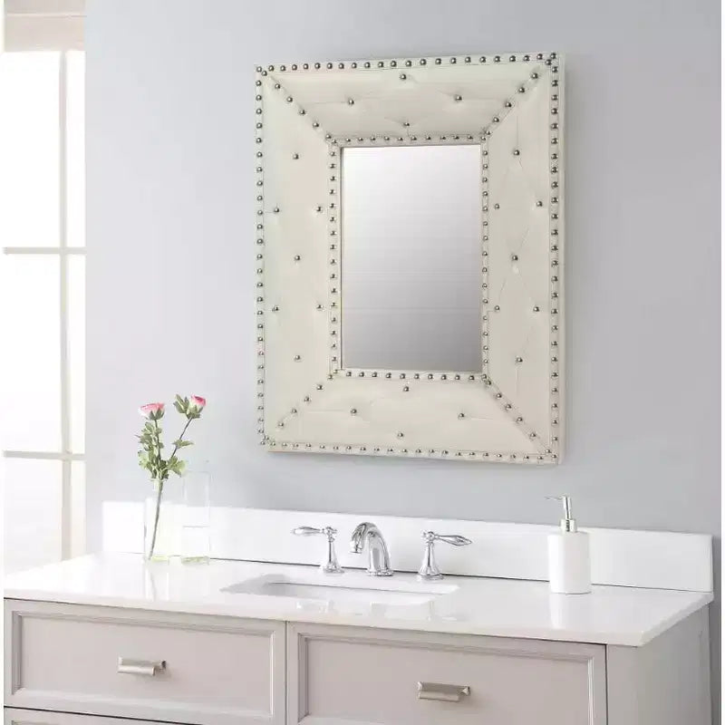 Rectangular Rivet Decor Wall Mirror, PU-Wrapped MDF Frame