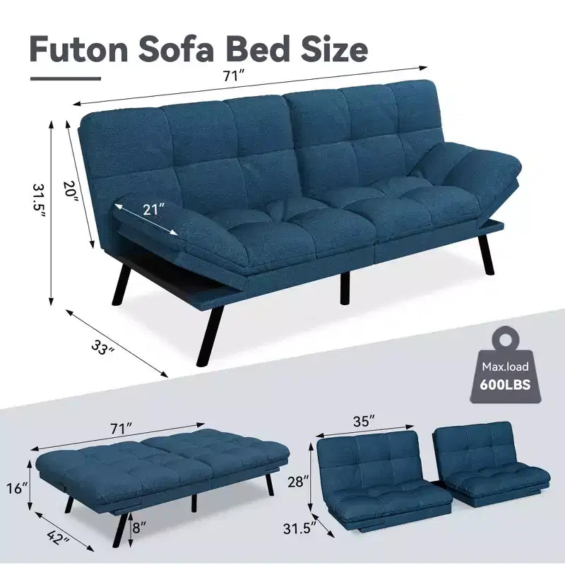 Dyonery 71 Convertible Futon Sofa Bed,Modern Linen Futon Couch with Detachable Cushion,Adjustable Backrest & Armrest
