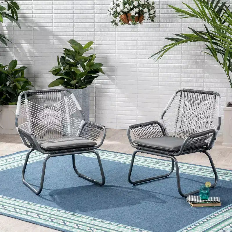 GDFStudio Aiden Outdoor Wicker and Steel Club Chairs with Cushion (Set of 2), Gray and White