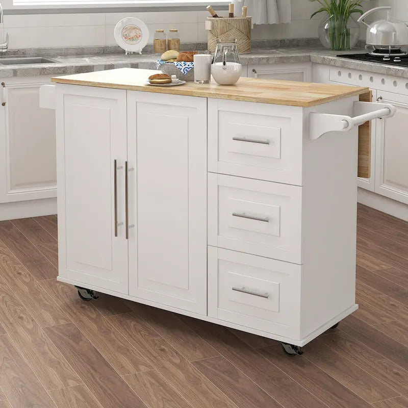 Rolling Kitchen Island Cart with Folding Top Drawers and Spice Rack