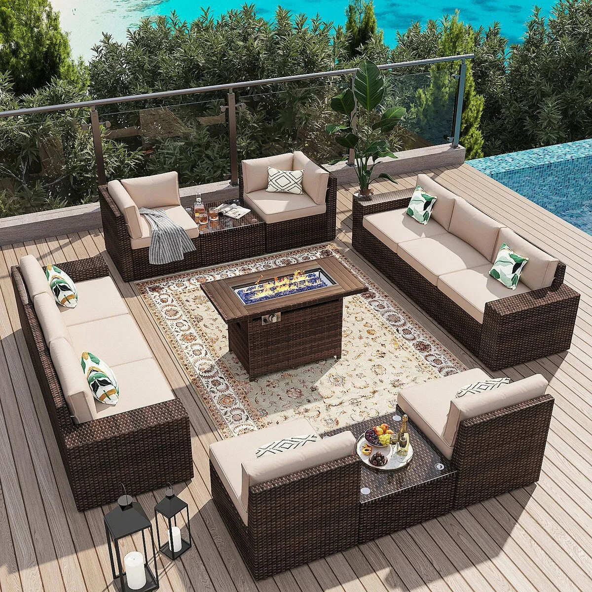 Ensemble de mobilier de patio 13 pièces avec table de foyer de 44 pouces