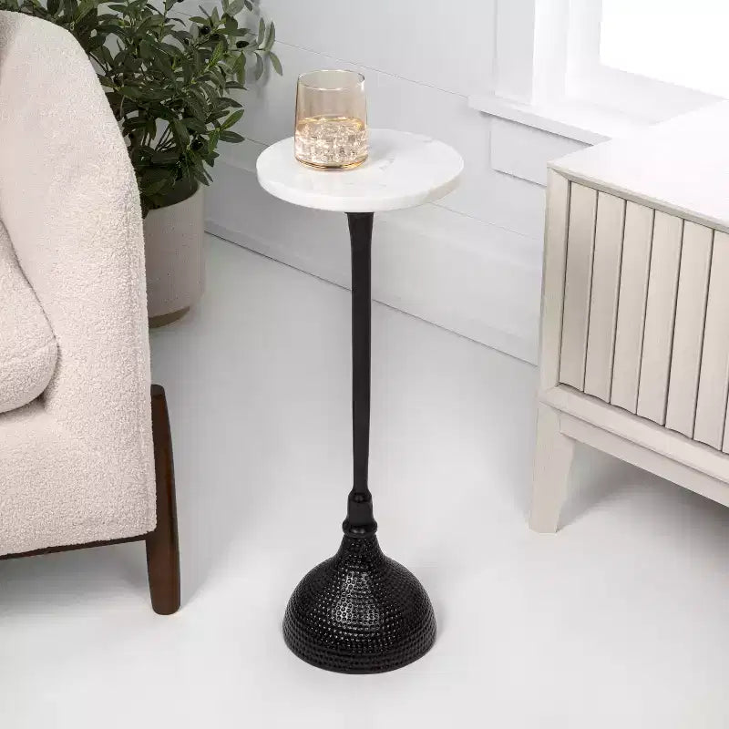 JONATHAN Y Ava 23.75 Art Deco Contemporary Metal Pedestal Drink Table & Decorative End Table with White Marble Round Top & Hammered Base