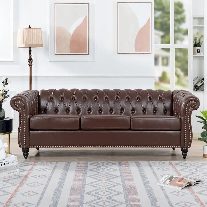 84 Mid-Century Modern 3-Seater Chesterfield Sofa, PU Leather, Birch Legs, 660 lbs