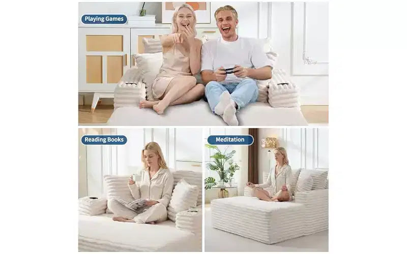 64 Oversized Chaise Lounge Chair - Corduroy Upholstered Boneless Sofa Bed with Throw Pillows & Cup Holders, Comfy Deep Seat Sleeper Couch