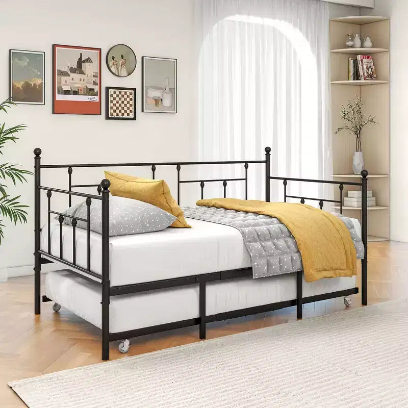 Twin Size Metal Daybed with Trundle, 2-in-1 Sofa Bed, Space-Saving for Guest Room & Living Room, Black