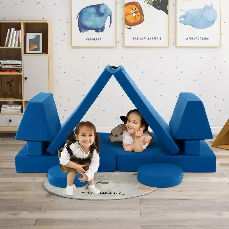 Costway 10 PCS Kids Play Sofa Set Modular Convertible Foam Folding Couch Toddler Playset Blue/Grey/Green