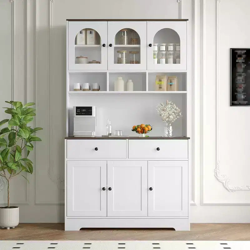 GustoWave Farmhouse Kitchen Pantry Cabinet, 71 Tall Food Storage Hutch with Open Shelves, Countertop & Glass Door Display for Dining Room