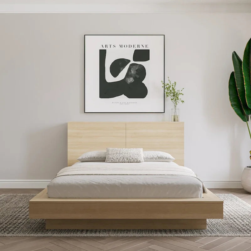 Modern Storage Headboard with Side Shelves | Oak Finish