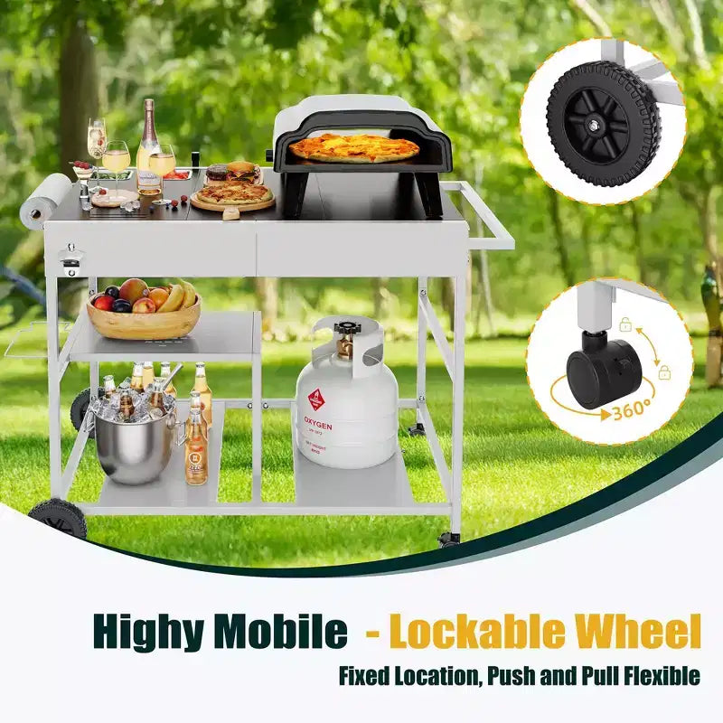 Pizza Oven Cart with Topping Station, Outdoor Grill Table Kitchen Island with Storage for Griddle, Silver
