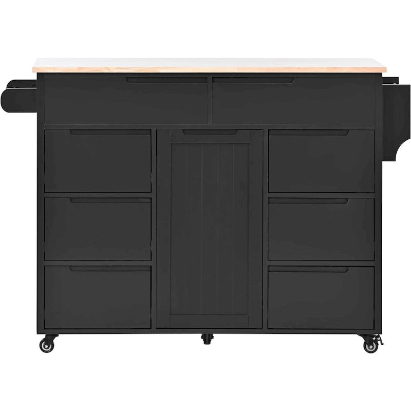 Rolling Kitchen Island Cart with 8 Handle-Free Drawers Rubberwood Top and Spice Rack